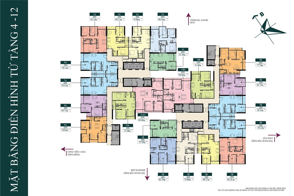 Mặt bằng căn hộ điển hình từ tầng 4 đến tầng 12